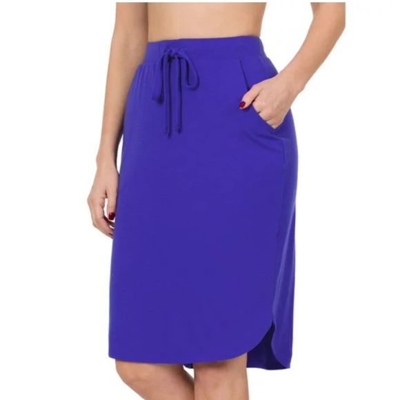 Zenana Navy Blue Elastic Waist Knee Length Tulip Hem Midi Skirt - L - Picture 1 of 6